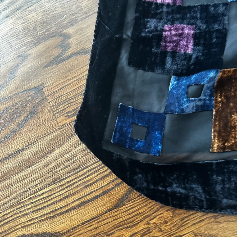 Vintage Velvet Geometric Patchwork Scarf Shawl in Blue, Black, Bronze - Picture 2 of 7